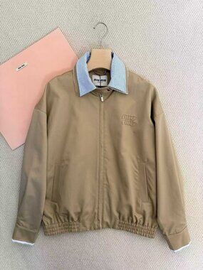 Miu Miu Women's Casual Zip-Collar Faux Two-Piece Jacket — Beige L